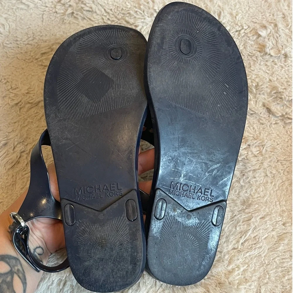 Michael Kors black Jelly Sandals Silver MK Logo Thong Slingback 7M RD15L
